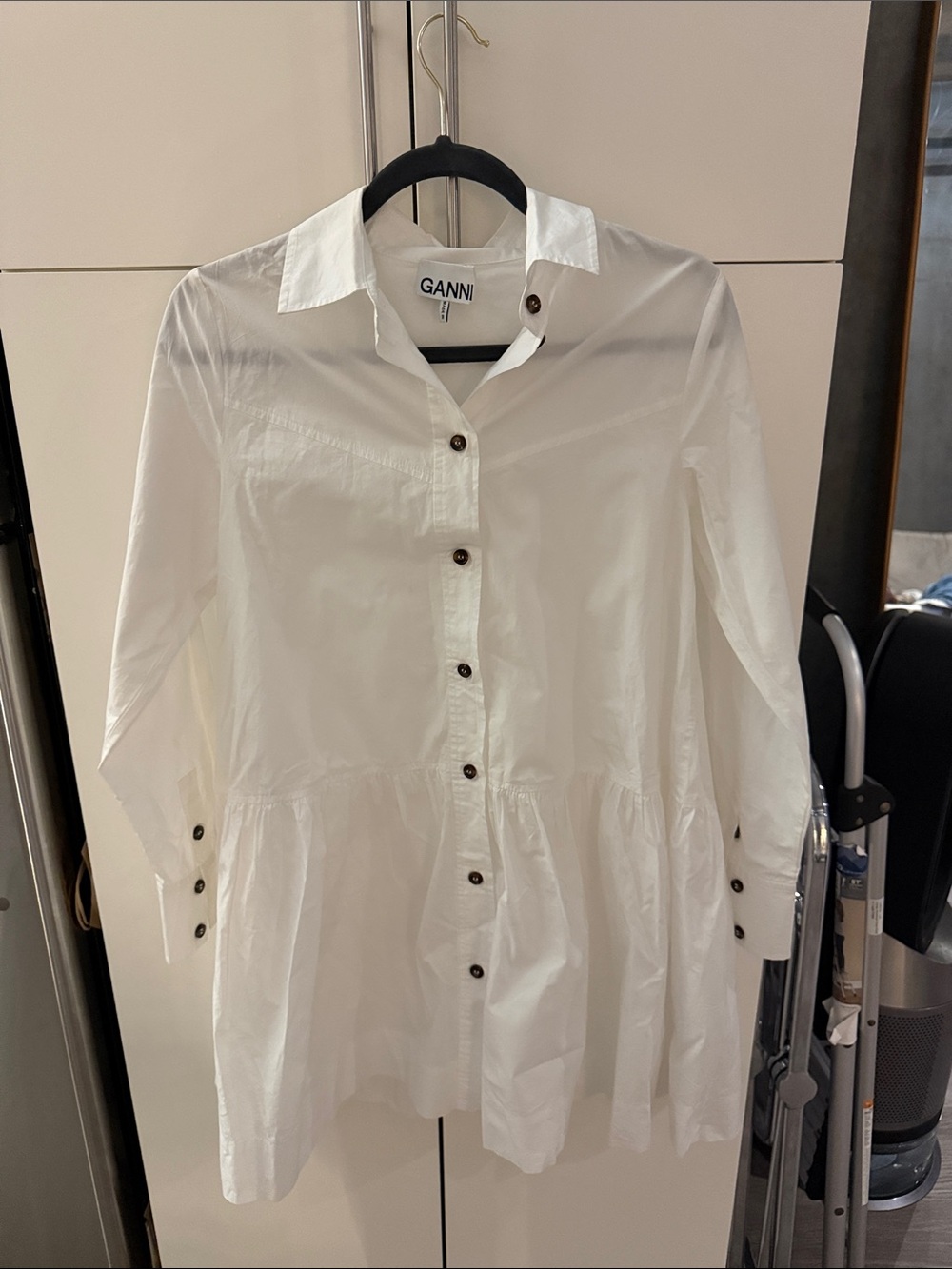 Ganni White Long-Sleeve Button Up Shirt Dress